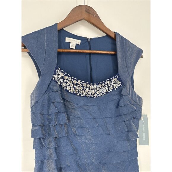 London Times Womens Size 6 Shimmer Blue Layered Rhinestone Neck Cocktail Dress - Picture 4 of 10